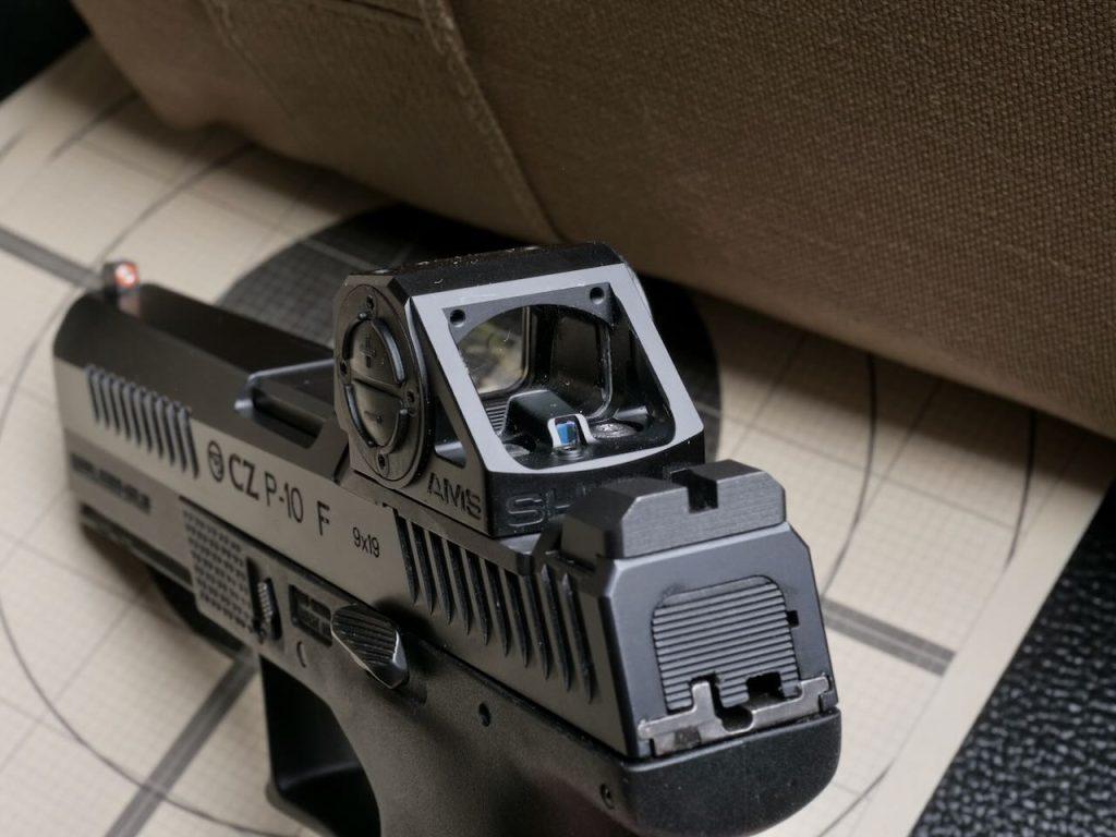 Shield AMS from the rear, showing the rear sight tunnel